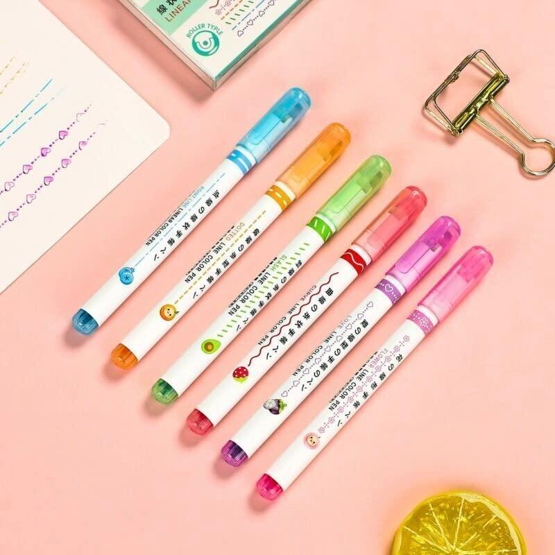 Linear Roller Color Pens Highlighters with 6 Different Curve Shapes (Set of 6)